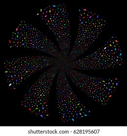 Feather fireworks swirl rotation. Vector illustration style is flat bright multicolored iconic symbols on a black background. Object twirl combined from random icons.