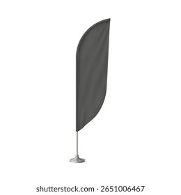Bandera de plumas en el soporte, saludando, vacía. Stand realista para promociones. Ilustración vectorial 3D. Branding, promoción, exposición. Fondo aislado. Plantilla.