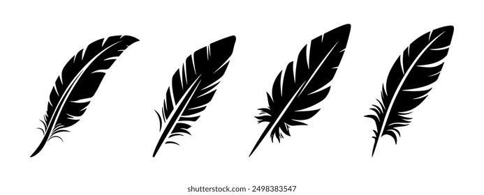 Feather flat black silhouette set. Bird feathers collection.