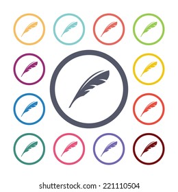 feather flat icons set. Open round colorful buttons. Vector 
