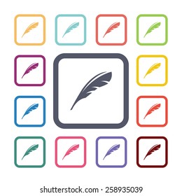 feather flat icons set. Open round colorful buttons. Vector 