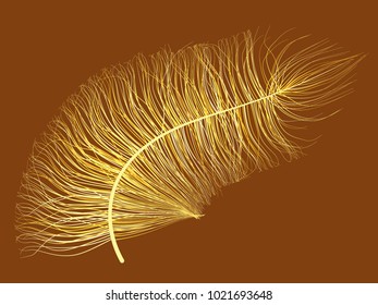 Feather Floating. Beautiful Hand Drawn Beard Feather. Yellow Feather Isolated. Feather for Wallpaper, Illustration, Carnival, Masquerade, Invitation, Textile. Decoration Element for Your Design.