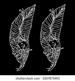 Feather with flowers and Fox vector illustration. Doodle style. Design, print, logo, decor, textile, paper.