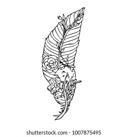 Feather with flowers and Fox vector illustration. Doodle style. Design, print, logo, decor, textile, paper.