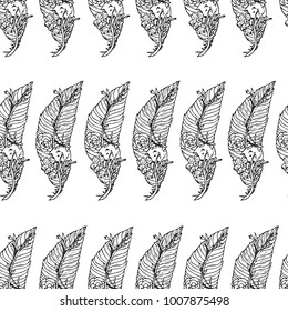 Feather with flowers and Fox vector illustration. Doodle style. Design, print, logo, decor, textile, paper.
