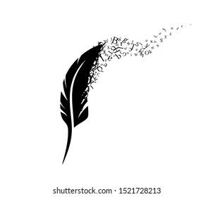 Feather with flying up letters. Vector decoration from scattered elements. Monochrome isolated silhouette. Conceptual illustration.