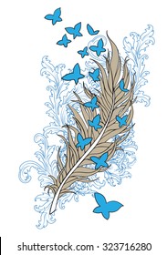 Feather with flying off from it blue butterflies