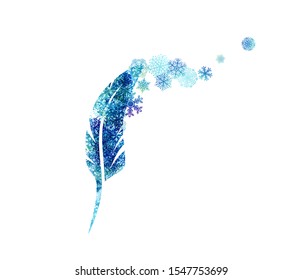 Feather with flying up snowflakes.