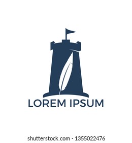 Feather and fort combination logo design. Tower and market symbol or icon. Unique bookstore, library and fortress logotype design template. 