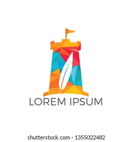 Feather and fort combination logo design. Tower and market symbol or icon. Unique bookstore, library and fortress logotype design template. 