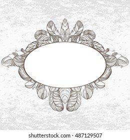 Feather frame - decorative composition. Use printed materials, signs, items, websites, maps, posters, postcards, packaging.