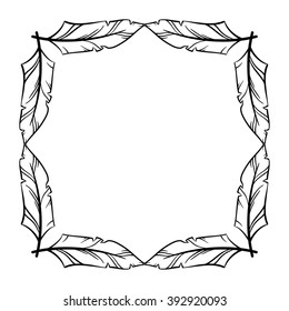 Feather frame vector set hand drawn icons illustration black and white, decorative borders collection.