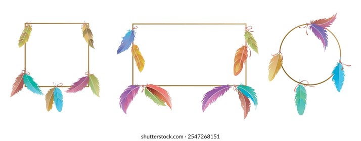 Feather frames. Wooden frame set decorated by bird feathers isolated vector illustration