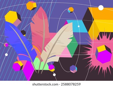 Feather geometrical graphic retro theme background. Minimal geometric elements. Vintage abstract shapes vector illustration.