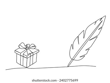 Pluma y caja de regalo, ilustración vectorial de dibujo de una línea.
