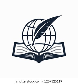 feather and globe on open book logo design
