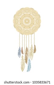 Feather golden lace vector dream catcher on white background