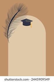 Feather with graduating caps and diploma or certificates. Graduation event. Vector illustration. Vector educational template.