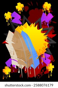 Feather graffiti. Abstract modern street art decoration performed in urban painting style.