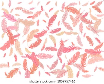 Feather graphic pattern vector red print. Light minimalist background with plumelet. Editable backdrop with flying feather elements. Cute vector illustration design.