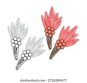 Feather hair clips technical flat drawing vector mockup illustration.