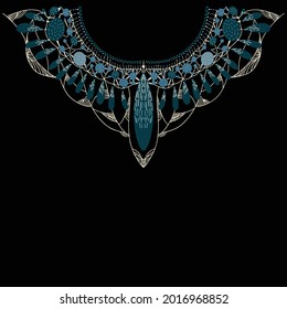 Feather hand draw Blue shades
 embroidery on the clothes in native style. geometric ethnic oriental pattern traditional. feather necklace embroidery design for fashion women. background,wrapping.
