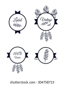 Feather hand drawn badge and label. Vector illustration isolated on white.