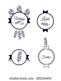 Feather hand drawn badge and label. Vector illustration isolated on white.