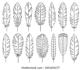 Feather hand drawn line style set. Quill collection of simple outline doodle signs. Tribal linear symbol. Pen plume sketch black contour flat icon design. Isolated on white concept vector Illustration