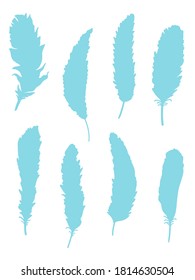 Feather. Siluetas dibujadas a mano de plumas sobre fondo blanco aislado