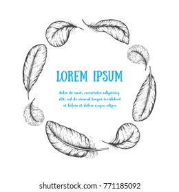 Feather hand drawn vector illustration. Circle label concept. Sketch collection. Engraved style set