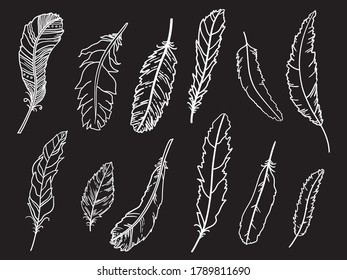 Feather. Hand drawn white feathers on isolated black background. Black and white illustration