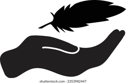 Feather in hand icon. Lightweight sign. Sensitive icon with soft feather symbol. flat style.
