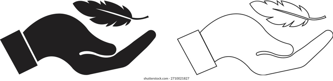 Pluma en el conjunto de iconos de la mano. Conceptos de tacto suave, gráficos minimalistas de la naturaleza, ilustraciones de la ligereza para la colección creativa del diseño y Vectores de la insignia del producto de la belleza en estilos planos y del contorno negros.