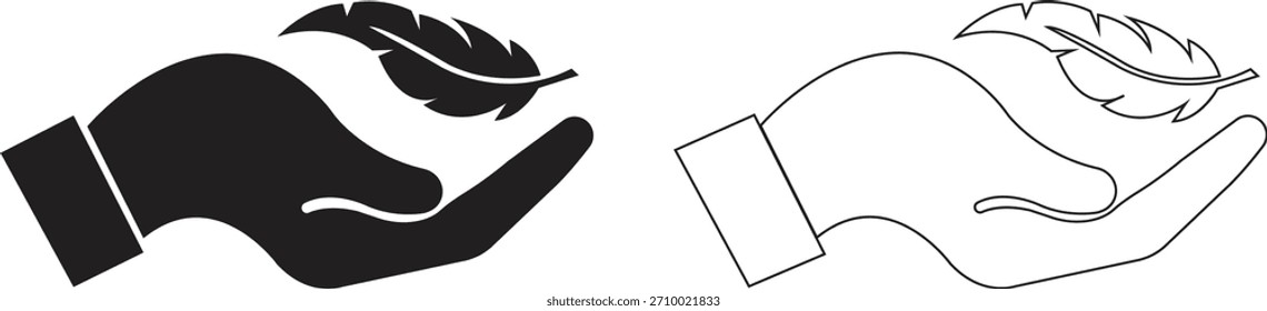 Pluma en el conjunto de iconos de la mano. Conceptos de tacto suave, gráficos minimalistas de la naturaleza, ilustraciones de la ligereza para la colección creativa del diseño y Vectores de la insignia del producto de la belleza en estilos planos y del contorno negros.