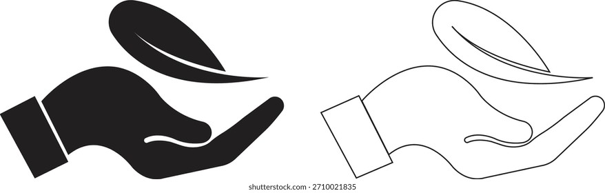 Pluma en el conjunto de iconos de la mano. Conceptos de tacto suave, gráficos minimalistas de la naturaleza, ilustraciones de la ligereza para la colección creativa del diseño y Vectores de la insignia del producto de la belleza en estilos planos y del contorno negros.