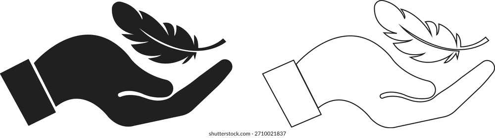 Pluma en el conjunto de iconos de la mano. Conceptos de tacto suave, gráficos minimalistas de la naturaleza, ilustraciones de la ligereza para la colección creativa del diseño y Vectores de la insignia del producto de la belleza en estilos planos y del contorno negros.