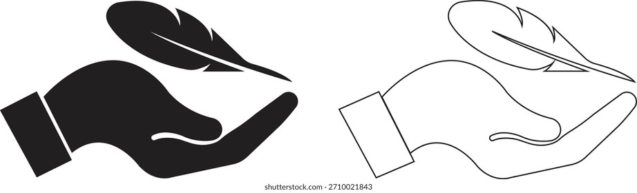 Pluma en el conjunto de iconos de la mano. Conceptos de tacto suave, gráficos minimalistas de la naturaleza, ilustraciones de la ligereza para la colección creativa del diseño y Vectores de la insignia del producto de la belleza en estilos planos y del contorno negros.