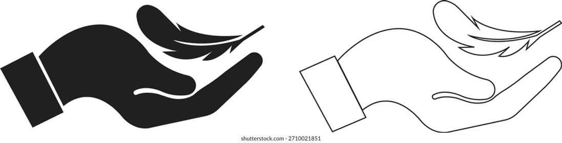 Pluma en el conjunto de iconos de la mano. Conceptos de tacto suave, gráficos minimalistas de la naturaleza, ilustraciones de la ligereza para la colección creativa del diseño y Vectores de la insignia del producto de la belleza en estilos planos y del contorno negros.
