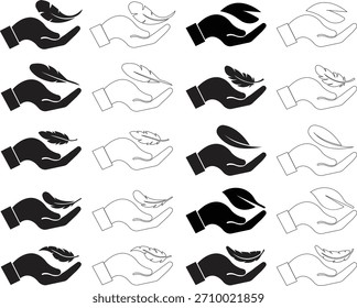 Pluma en el conjunto de iconos de la mano. Conceptos de tacto suave, gráficos minimalistas de la naturaleza, ilustraciones de la ligereza para la colección creativa del diseño y Vectores de la insignia del producto de la belleza en estilos planos y del contorno negros.