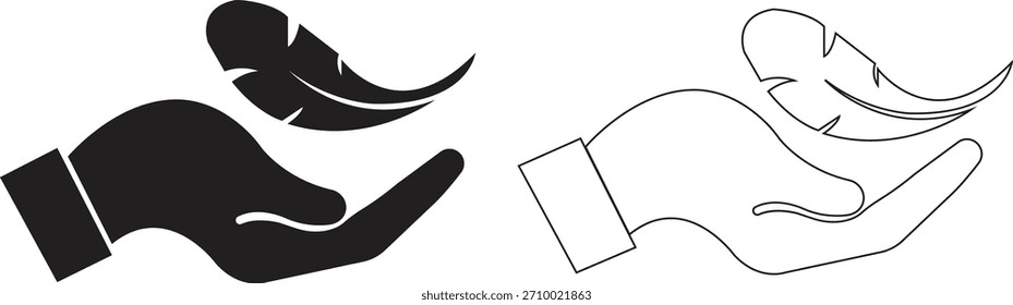 Pluma en el conjunto de iconos de la mano. Conceptos de tacto suave, gráficos minimalistas de la naturaleza, ilustraciones de la ligereza para la colección creativa del diseño y Vectores de la insignia del producto de la belleza en estilos planos y del contorno negros.