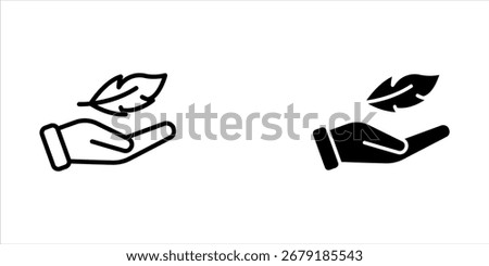 Feather in hand icon set. Lightweight icon. Vector illustration.