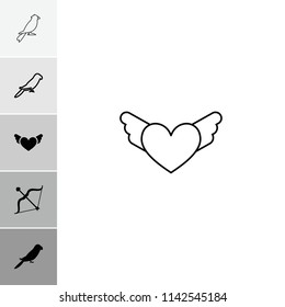 Feather icon. collection of 6 feather filled and outline icons such as parrot, bow, heart with wings. editable feather icons for web and mobile.