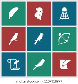 Feather icon. collection of 9 feather filled icons such as rooster, parrot, sparrow, shuttlecock. editable feather icons for web and mobile.