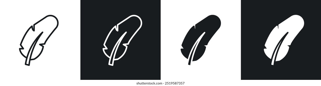 Feather icon collection in black and white filled and stroke line style.