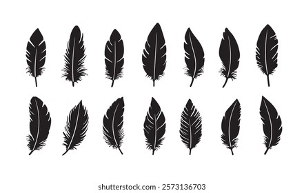 Feather icon collection. A set of black feather silhouettes displayed in various shapes. Isolated feather designs.