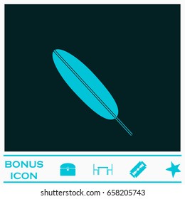 Feather icon flat. Blue pictogram on dark background. Vector illustration symbol and bonus icons