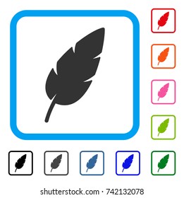 Feather icon. Flat gray pictogram symbol inside a light blue rounded squared frame. Black, gray, green, blue, red, orange color versions of Feather vector. Designed for web and software UI.
