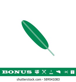 Feather icon flat. Green pictogram on white background. Vector illustration symbol and bonus button