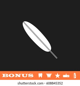 Feather icon flat. White pictogram on black background. Vector illustration symbol and bonus button tooth, vase, star, mirror, bottle